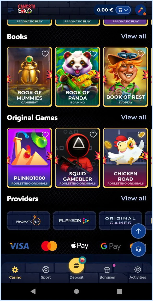 All game types in convenient category view at Gangstasino