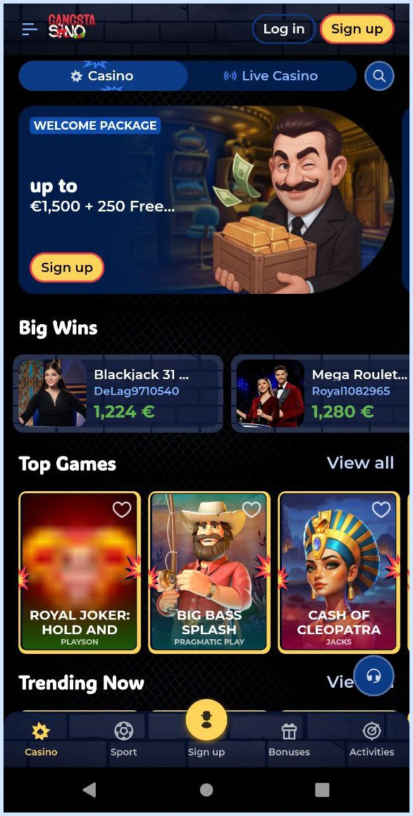 Compact overview of the main sections of Gangstasino