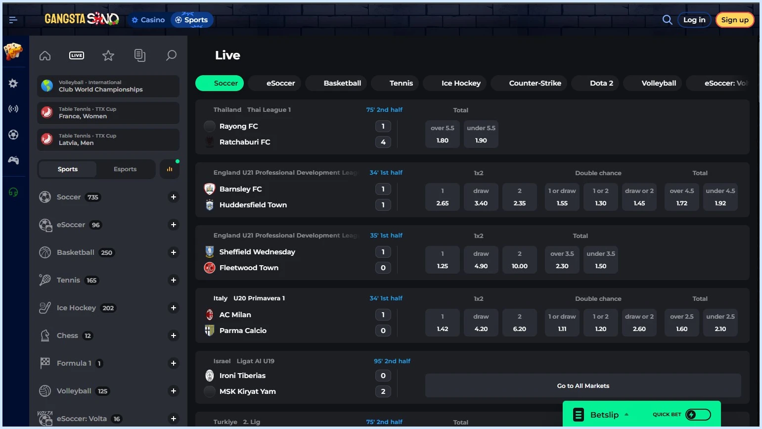 Real-time live betting on sports events at Gangstasino